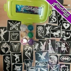 10 kits of medium glitter tattoos.